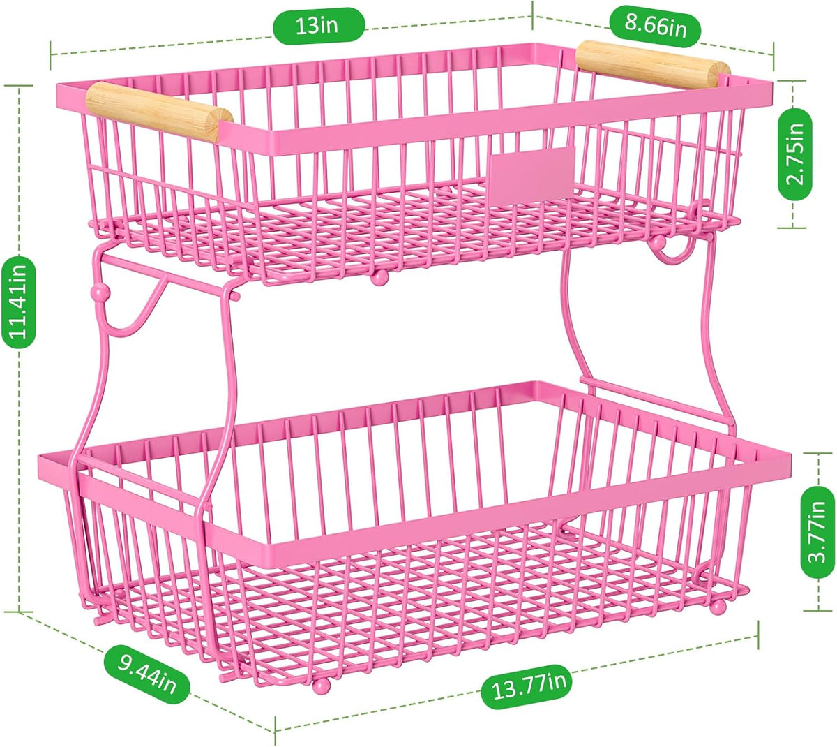 2 Tier Fruit Basket for Kitchen Counter with 2 Banana Hangers, Countertop Metal Fruit Bowl with Wooden Handle, Large Storage Stand for Vegetables, Snacks, Breads, Produce Storage – Rose Pink