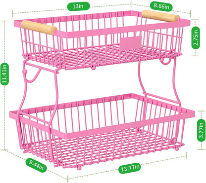 2 Tier Fruit Basket for Kitchen Counter with 2 Banana Hangers, Countertop Metal Fruit Bowl with Wooden Handle, Large Storage Stand for Vegetables, Snacks, Breads, Produce Storage – Rose Pink