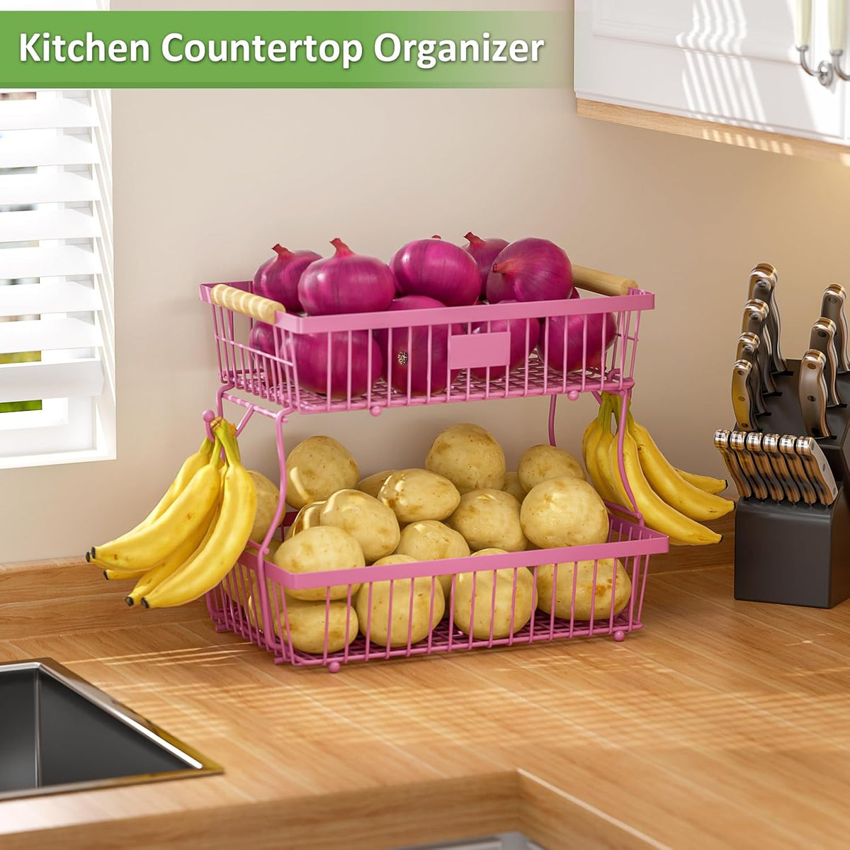 2 Tier Fruit Basket for Kitchen Counter with 2 Banana Hangers, Countertop Metal Fruit Bowl with Wooden Handle, Large Storage Stand for Vegetables, Snacks, Breads, Produce Storage – Rose Pink