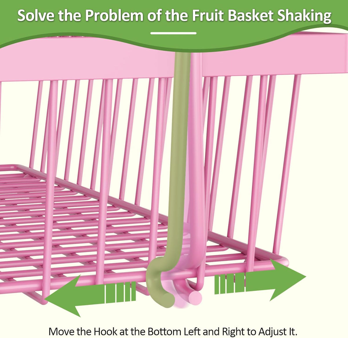 2 Tier Fruit Basket for Kitchen Counter with 2 Banana Hangers, Countertop Metal Fruit Bowl with Wooden Handle, Large Storage Stand for Vegetables, Snacks, Breads, Produce Storage – Rose Pink