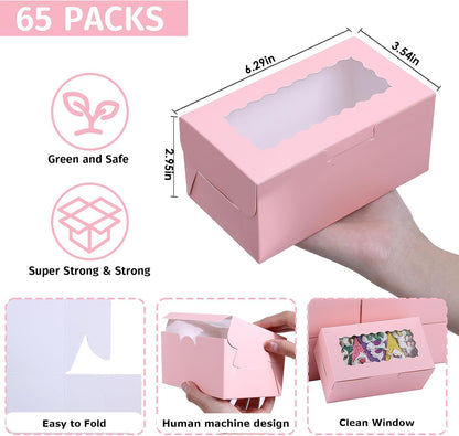 65 PCS Pink Cookie Boxes with Window - 6.29x3.54x2.95 Inches Bakery, Treat, Dessert, Pie, Donuts, Macaroon, Cupcake, Small Gift Boxes for Party, Business(Pink)