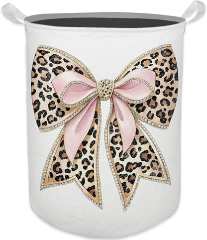 Coquette Bow Leopard Print Laundry Basket, Toybox for Girls, Trendy Pink Bow Laundry Basket Hamper Waterproof Collapsible Clothes Toys Storage Bin Organizer for Bedroom Bathroom Girls Room Dorm
