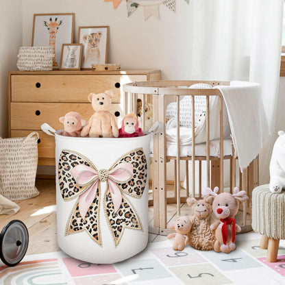 Coquette Bow Leopard Print Laundry Basket, Toybox for Girls, Trendy Pink Bow Laundry Basket Hamper Waterproof Collapsible Clothes Toys Storage Bin Organizer for Bedroom Bathroom Girls Room Dorm