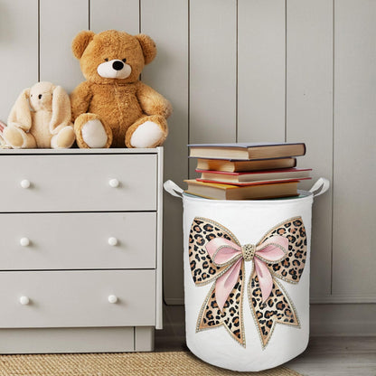 Coquette Bow Leopard Print Laundry Basket, Toybox for Girls, Trendy Pink Bow Laundry Basket Hamper Waterproof Collapsible Clothes Toys Storage Bin Organizer for Bedroom Bathroom Girls Room Dorm