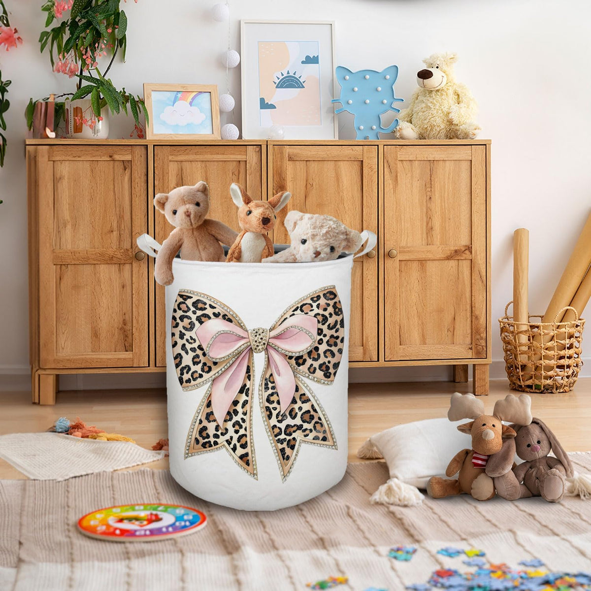 Coquette Bow Leopard Print Laundry Basket, Toybox for Girls, Trendy Pink Bow Laundry Basket Hamper Waterproof Collapsible Clothes Toys Storage Bin Organizer for Bedroom Bathroom Girls Room Dorm