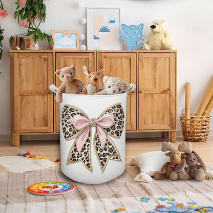 Coquette Bow Leopard Print Laundry Basket, Toybox for Girls, Trendy Pink Bow Laundry Basket Hamper Waterproof Collapsible Clothes Toys Storage Bin Organizer for Bedroom Bathroom Girls Room Dorm