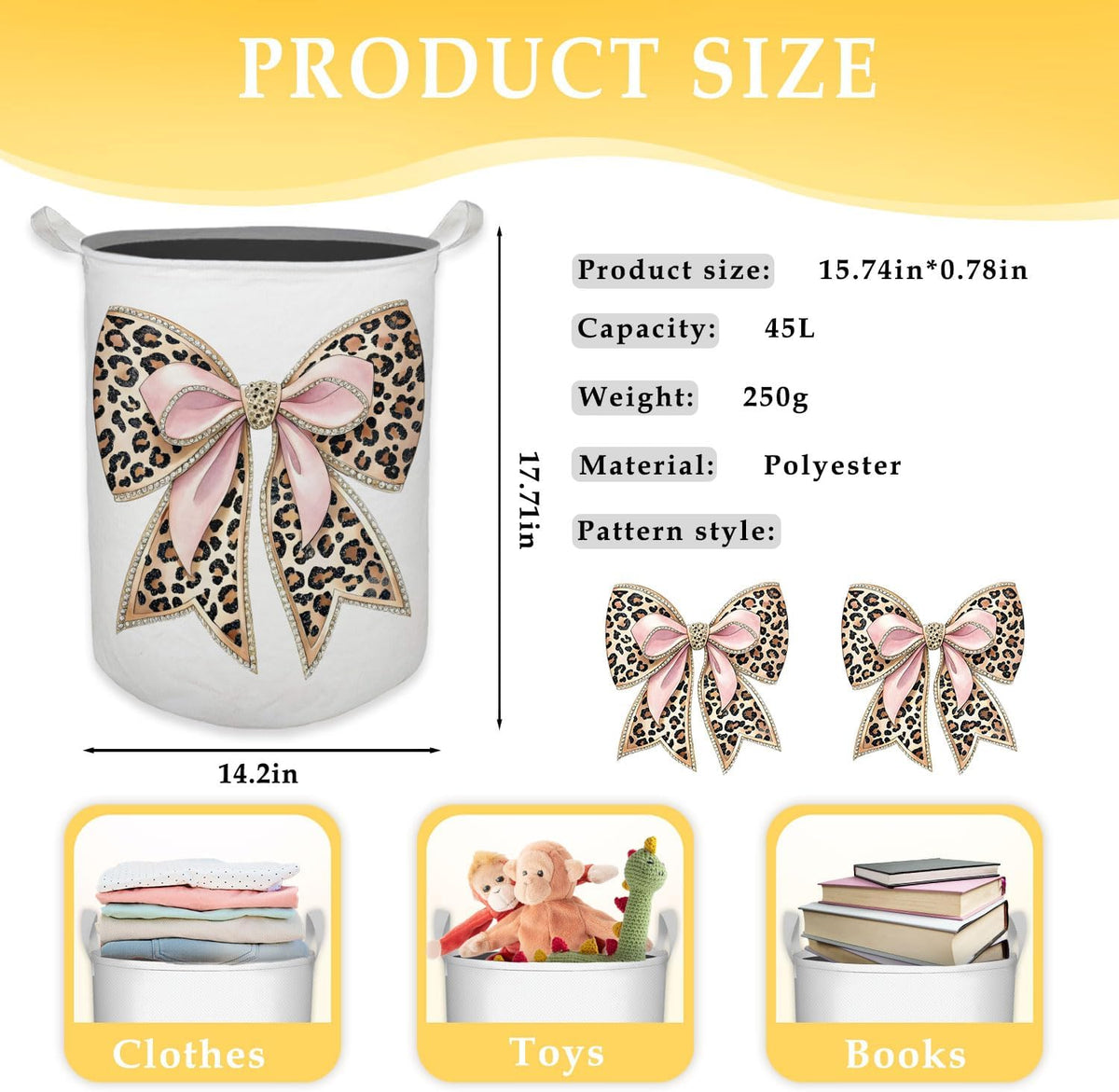 Coquette Bow Leopard Print Laundry Basket, Toybox for Girls, Trendy Pink Bow Laundry Basket Hamper Waterproof Collapsible Clothes Toys Storage Bin Organizer for Bedroom Bathroom Girls Room Dorm