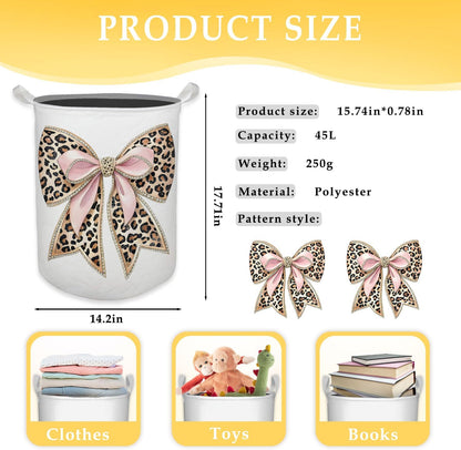 Coquette Bow Leopard Print Laundry Basket, Toybox for Girls, Trendy Pink Bow Laundry Basket Hamper Waterproof Collapsible Clothes Toys Storage Bin Organizer for Bedroom Bathroom Girls Room Dorm
