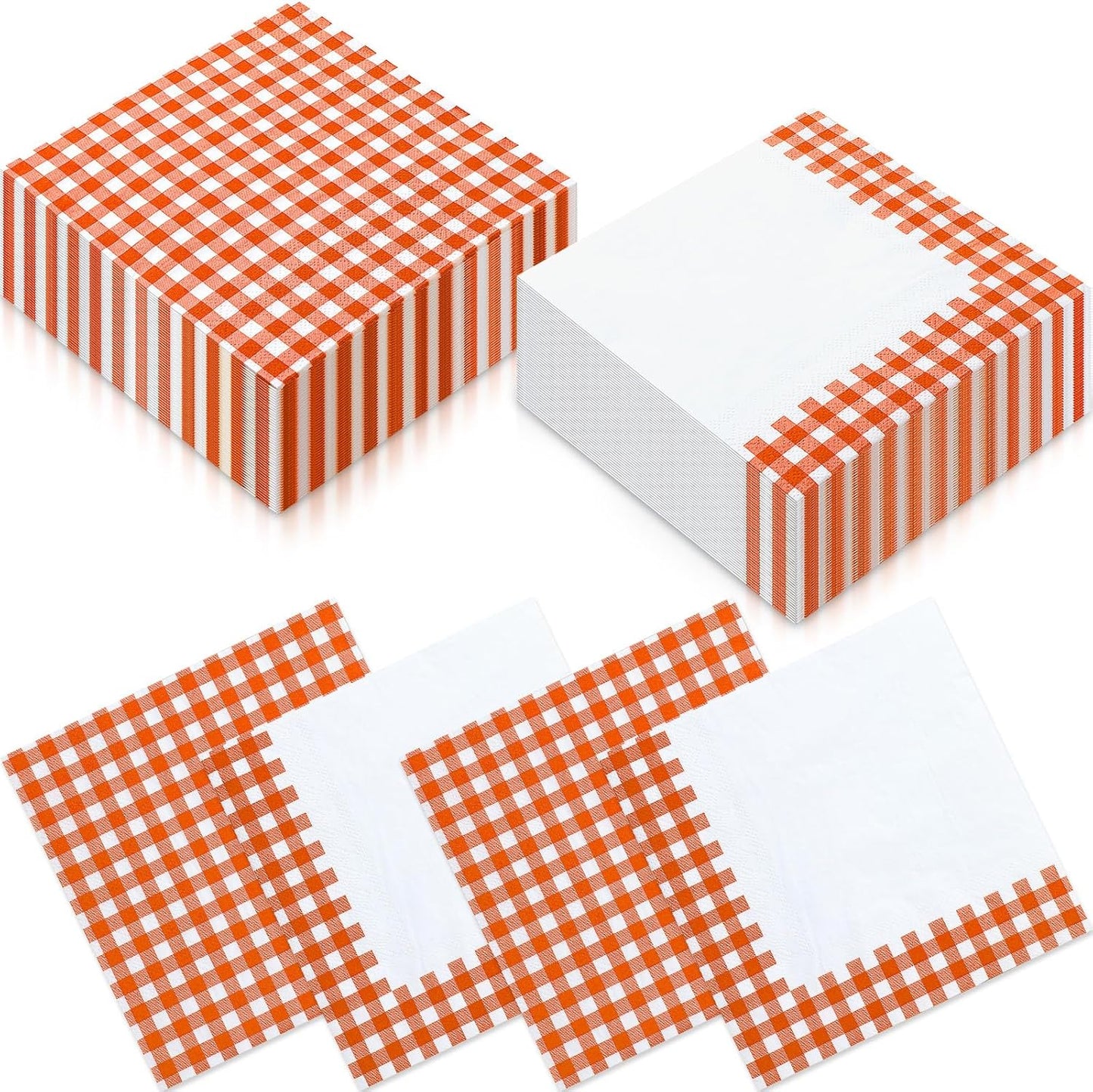 Resurhang Orange White 100 Pcs Checkered Napkins Gingham Plaid Tissue Disposable Napkins Picnic BBQ Party Supplies for Spring Summer Party Supplies (2 Styles)