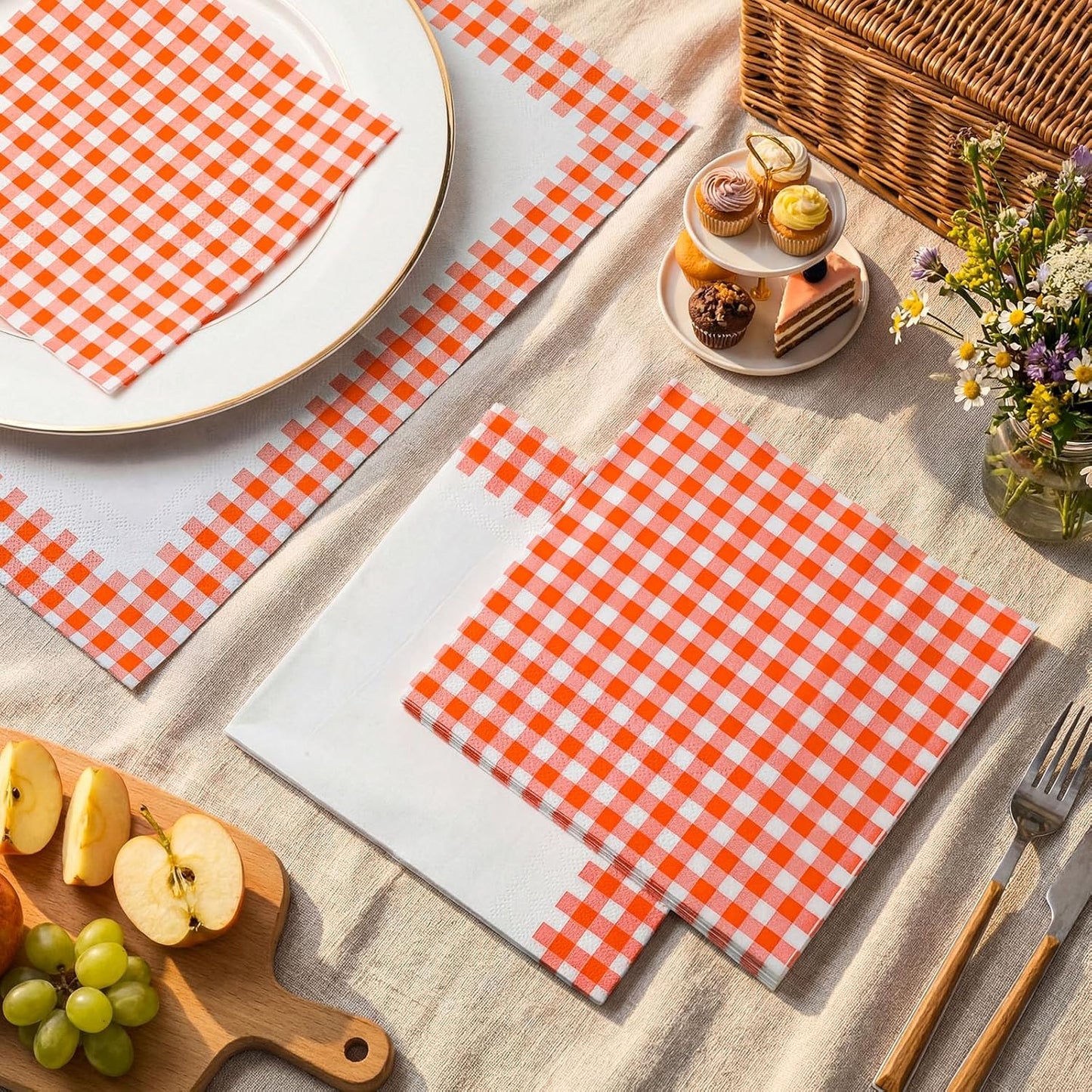 Resurhang Orange White 100 Pcs Checkered Napkins Gingham Plaid Tissue Disposable Napkins Picnic BBQ Party Supplies for Spring Summer Party Supplies (2 Styles)