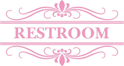Restroom Sign Wall Decal Vinyl Pink Stickers, Removable Cute Art Design DIY Mural Wallpaper for Women Restroom Bathroom Washroom WC Toilet Office Home Decoration
