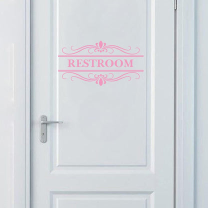 Restroom Sign Wall Decal Vinyl Pink Stickers, Removable Cute Art Design DIY Mural Wallpaper for Women Restroom Bathroom Washroom WC Toilet Office Home Decoration