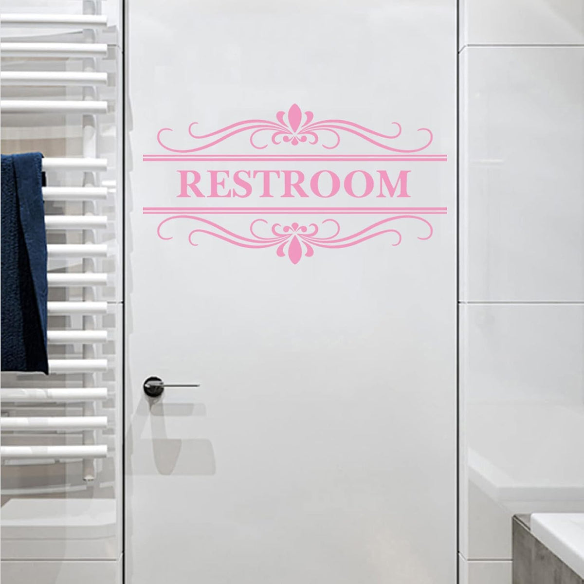 Restroom Sign Wall Decal Vinyl Pink Stickers, Removable Cute Art Design DIY Mural Wallpaper for Women Restroom Bathroom Washroom WC Toilet Office Home Decoration