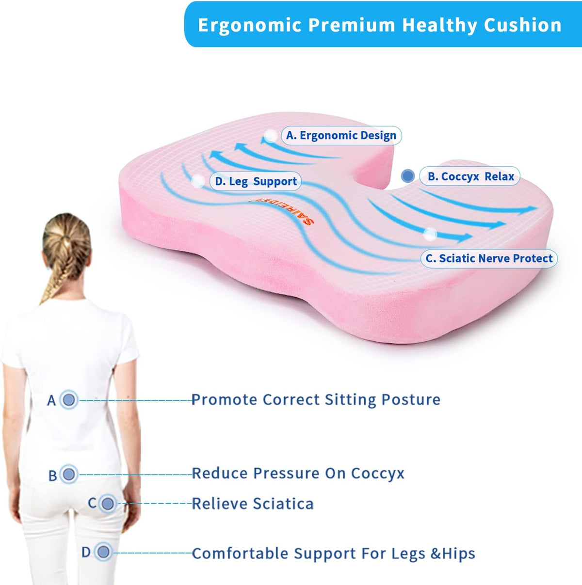 Office Chair Cushion, Car Seat Cushion, Memory Foam Coccyx Cushion Pads for Tailbone Pain, Sciatica Relief Pillow, Correct Sitting Posture (Pink)