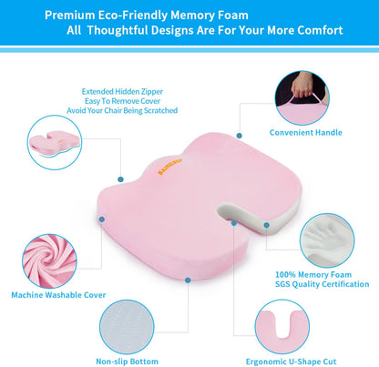 Office Chair Cushion, Car Seat Cushion, Memory Foam Coccyx Cushion Pads for Tailbone Pain, Sciatica Relief Pillow, Correct Sitting Posture (Pink)