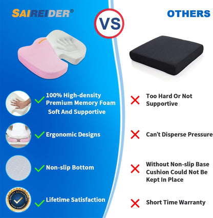 Office Chair Cushion, Car Seat Cushion, Memory Foam Coccyx Cushion Pads for Tailbone Pain, Sciatica Relief Pillow, Correct Sitting Posture (Pink)