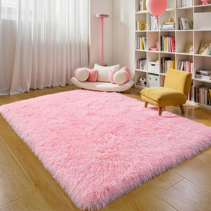 5x7 Thick Pink Shag Rug for Girls Bedroom, Soft Plush Fluffy Carpet