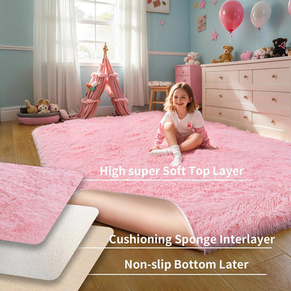 5x7 Thick Pink Shag Rug for Girls Bedroom, Soft Plush Fluffy Carpet