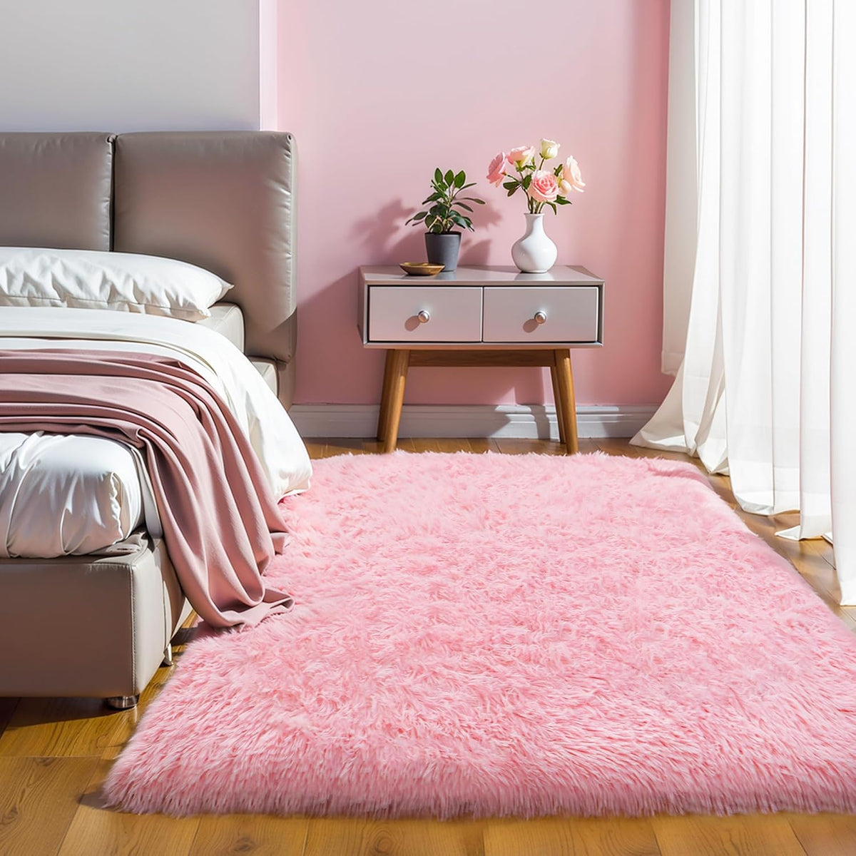 5x7 Thick Pink Shag Rug for Girls Bedroom, Soft Plush Fluffy Carpet