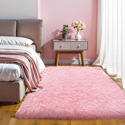 5x7 Thick Pink Shag Rug for Girls Bedroom, Soft Plush Fluffy Carpet