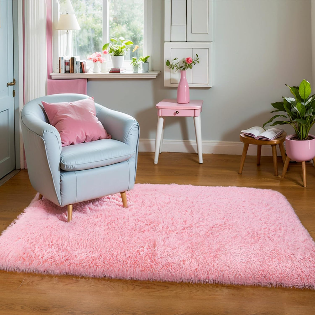 5x7 Thick Pink Shag Rug for Girls Bedroom, Soft Plush Fluffy Carpet