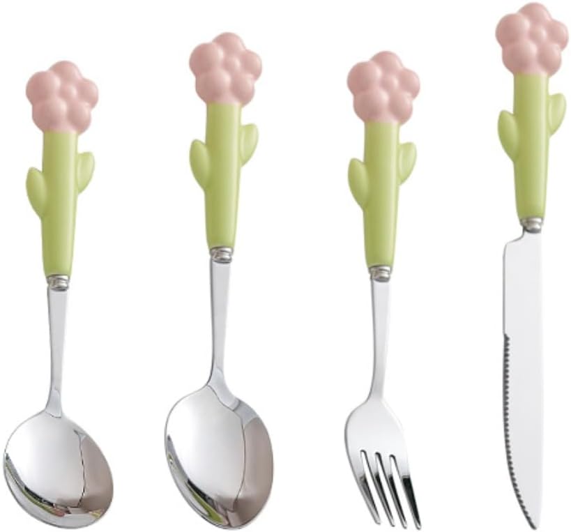 Ceramic Handle Kitchen Stainless Steel Silverware Tableware Flatware Cutlery Set Steak Knife Fork Spoon Dessert Teaspoon Utensils (Pink,4 pieces)