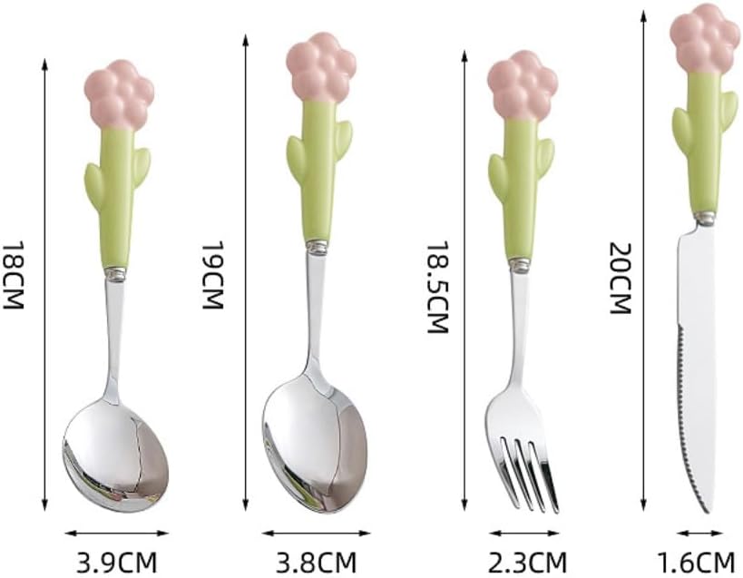 Ceramic Handle Kitchen Stainless Steel Silverware Tableware Flatware Cutlery Set Steak Knife Fork Spoon Dessert Teaspoon Utensils (Pink,4 pieces)