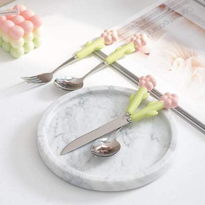 Ceramic Handle Kitchen Stainless Steel Silverware Tableware Flatware Cutlery Set Steak Knife Fork Spoon Dessert Teaspoon Utensils (Pink,4 pieces)