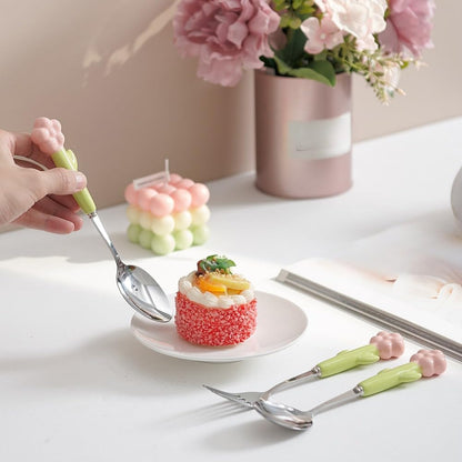 Ceramic Handle Kitchen Stainless Steel Silverware Tableware Flatware Cutlery Set Steak Knife Fork Spoon Dessert Teaspoon Utensils (Pink,4 pieces)