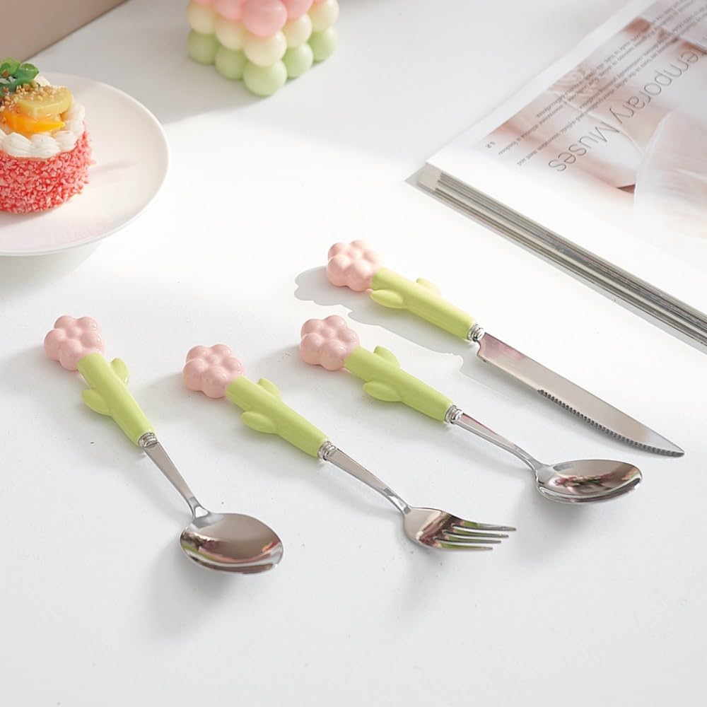 Ceramic Handle Kitchen Stainless Steel Silverware Tableware Flatware Cutlery Set Steak Knife Fork Spoon Dessert Teaspoon Utensils (Pink,4 pieces)