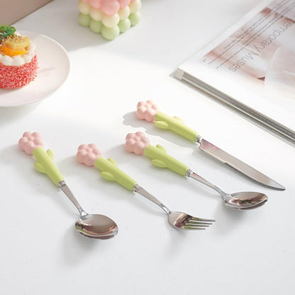 Ceramic Handle Kitchen Stainless Steel Silverware Tableware Flatware Cutlery Set Steak Knife Fork Spoon Dessert Teaspoon Utensils (Pink,4 pieces)