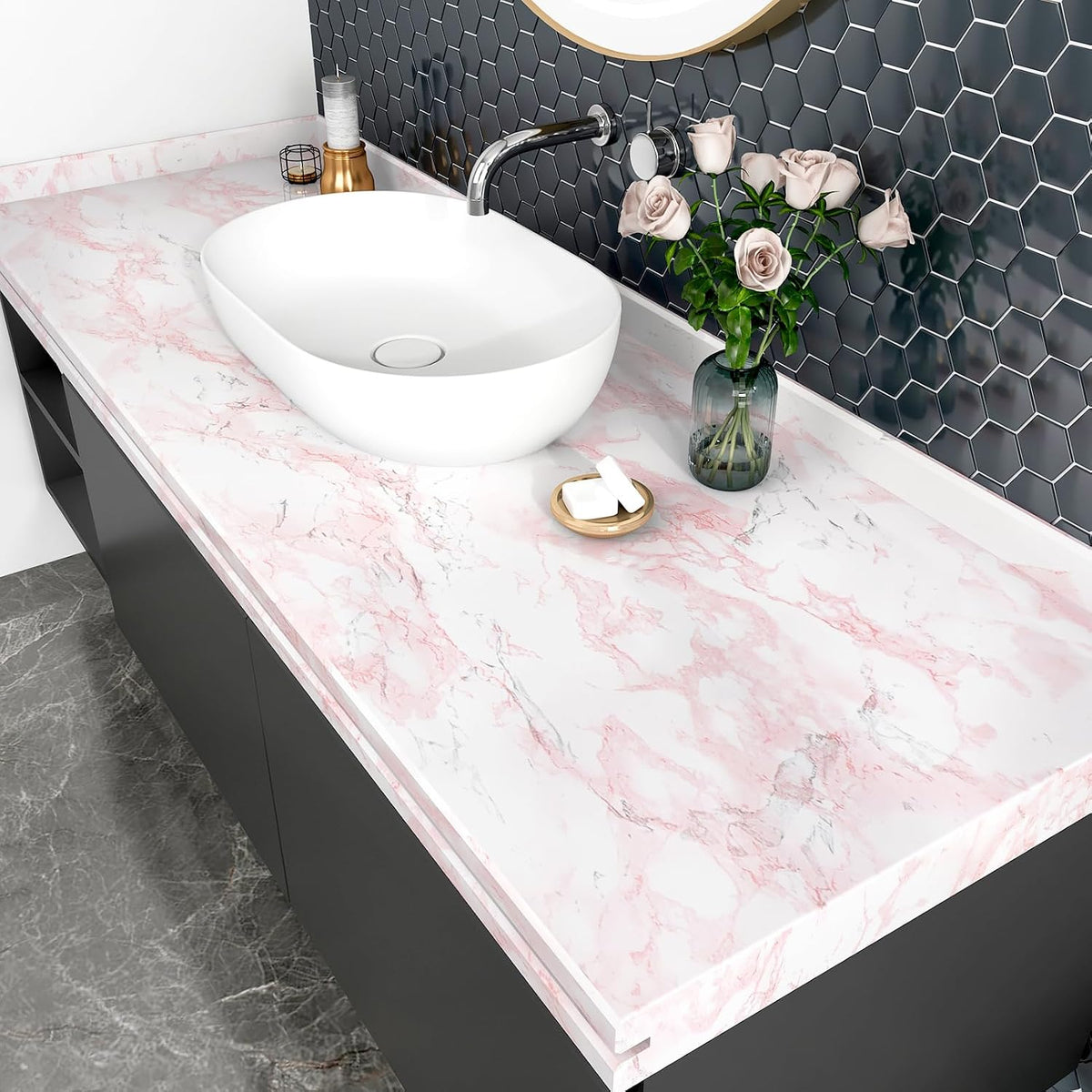Pink Glossy Marble Contact Paper Peel and Stick Waterproof Self Adhesive Wallpaper 15.7in x 78.8in Countertop Contact Paper Crafts Wall Covering for Table Countertop Cabinet