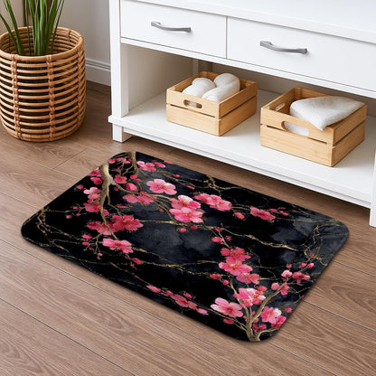 Cherries Blossom Floral Quick Dry Bath Mat, Elegant Peach Petals Absorbent Non Slip Shower Mat, Spring Decorative Flannel Washable Bath Rugs for Bathroom Toilet Restroom 20x32 Inch