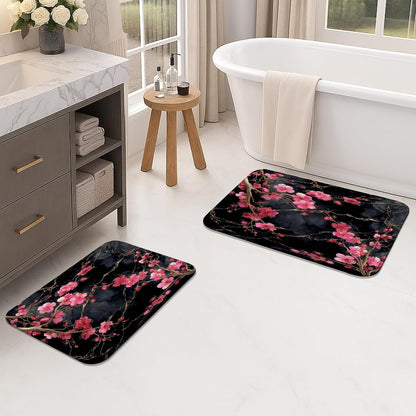 Cherries Blossom Floral Quick Dry Bath Mat, Elegant Peach Petals Absorbent Non Slip Shower Mat, Spring Decorative Flannel Washable Bath Rugs for Bathroom Toilet Restroom 20x32 Inch