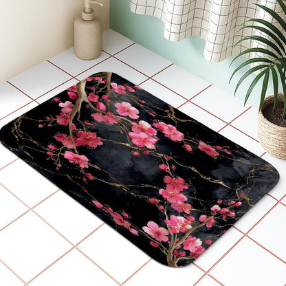 Cherries Blossom Floral Quick Dry Bath Mat, Elegant Peach Petals Absorbent Non Slip Shower Mat, Spring Decorative Flannel Washable Bath Rugs for Bathroom Toilet Restroom 20x32 Inch