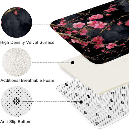 Cherries Blossom Floral Quick Dry Bath Mat, Elegant Peach Petals Absorbent Non Slip Shower Mat, Spring Decorative Flannel Washable Bath Rugs for Bathroom Toilet Restroom 20x32 Inch