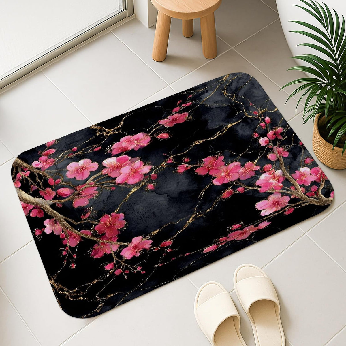 Cherries Blossom Floral Quick Dry Bath Mat, Elegant Peach Petals Absorbent Non Slip Shower Mat, Spring Decorative Flannel Washable Bath Rugs for Bathroom Toilet Restroom 20x32 Inch