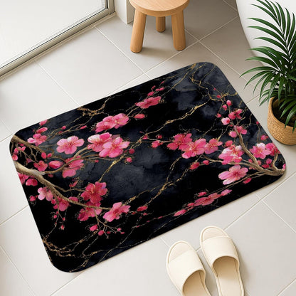Cherries Blossom Floral Quick Dry Bath Mat, Elegant Peach Petals Absorbent Non Slip Shower Mat, Spring Decorative Flannel Washable Bath Rugs for Bathroom Toilet Restroom 20x32 Inch