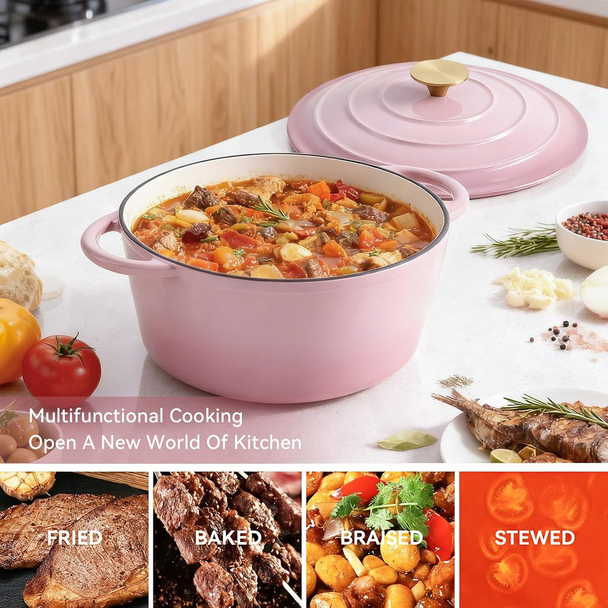4.5 Quart Enameled Dutch Oven Pot with Lid, Cast Iron Dutch Oven with Dual Handles for Bread Baking, Cooking, Non-stick Enamel Coated Cookware, Pink