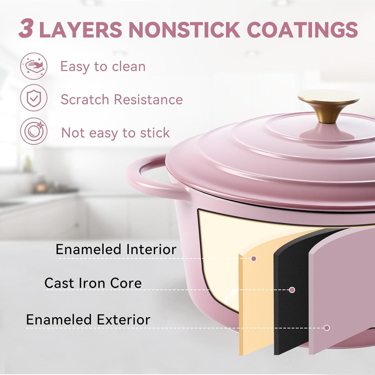 4.5 Quart Enameled Dutch Oven Pot with Lid, Cast Iron Dutch Oven with Dual Handles for Bread Baking, Cooking, Non-stick Enamel Coated Cookware, Pink