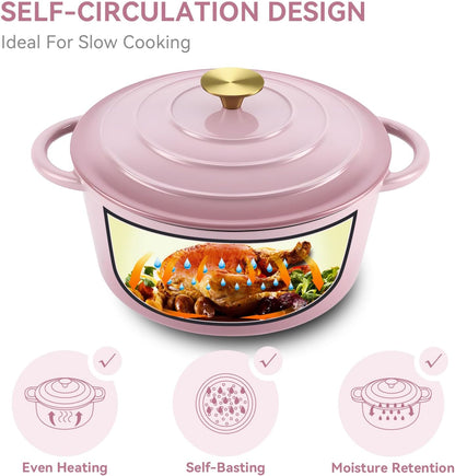 4.5 Quart Enameled Dutch Oven Pot with Lid, Cast Iron Dutch Oven with Dual Handles for Bread Baking, Cooking, Non-stick Enamel Coated Cookware, Pink
