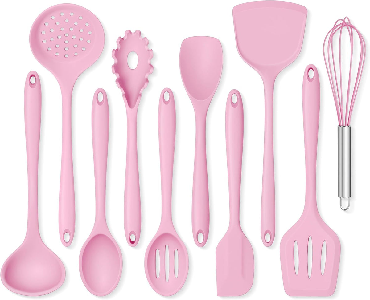 Silicone Cooking Utensils Set, 10 Pieces Kitchen Utensils Set, Pink
