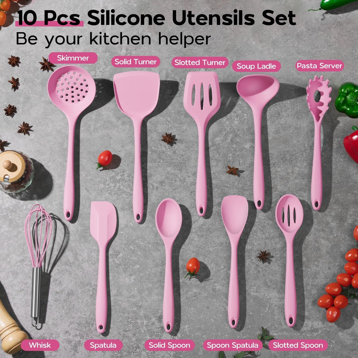 Silicone Cooking Utensils Set, 10 Pieces Kitchen Utensils Set, Pink