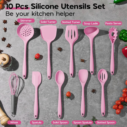 Silicone Cooking Utensils Set, 10 Pieces Kitchen Utensils Set, Pink