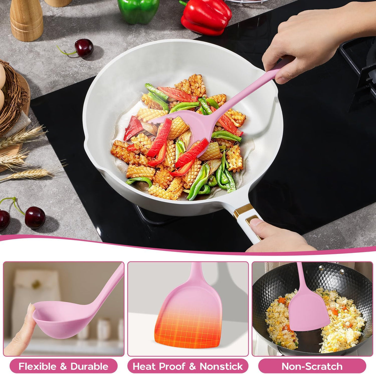 Silicone Cooking Utensils Set, 10 Pieces Kitchen Utensils Set, Pink