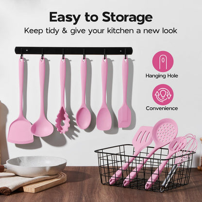 Silicone Cooking Utensils Set, 10 Pieces Kitchen Utensils Set, Pink