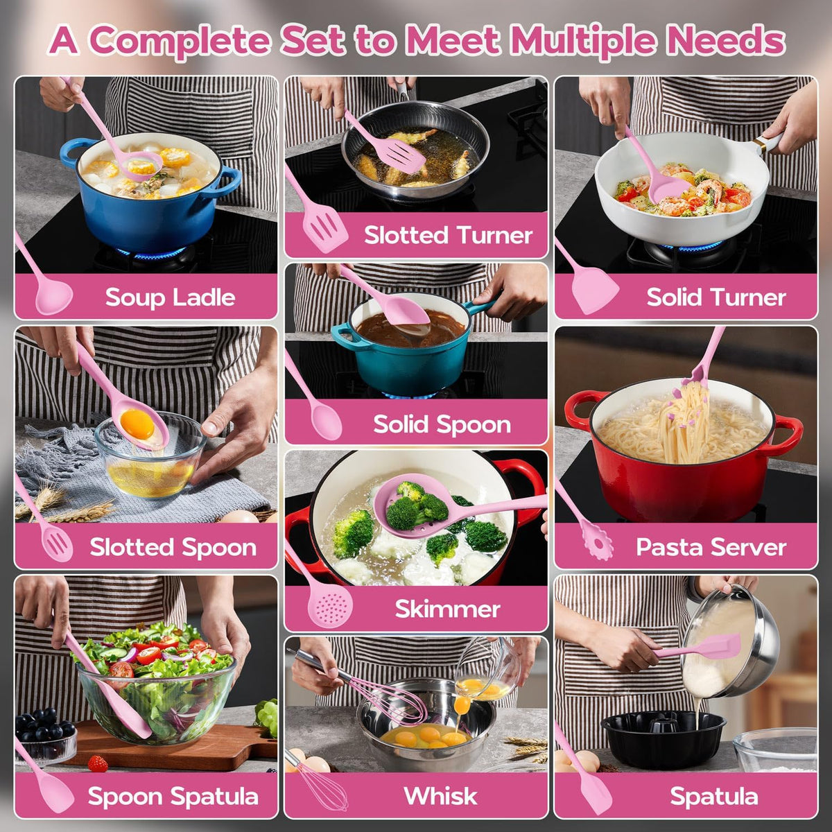 Silicone Cooking Utensils Set, 10 Pieces Kitchen Utensils Set, Pink