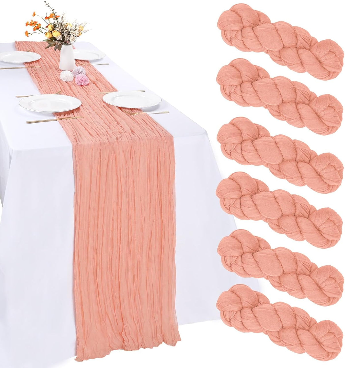 6 Pack Peach Cheesecloth Table Runner 35 x 120 Inch