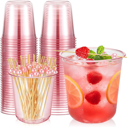 50 12oz Pink Plastic Cups 100 Cocktail Picks, Pink Party Cups