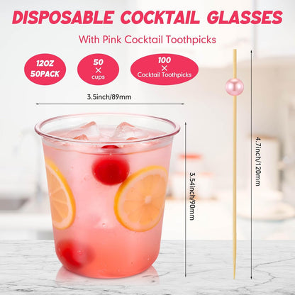 50 12oz Pink Plastic Cups 100 Cocktail Picks, Pink Party Cups